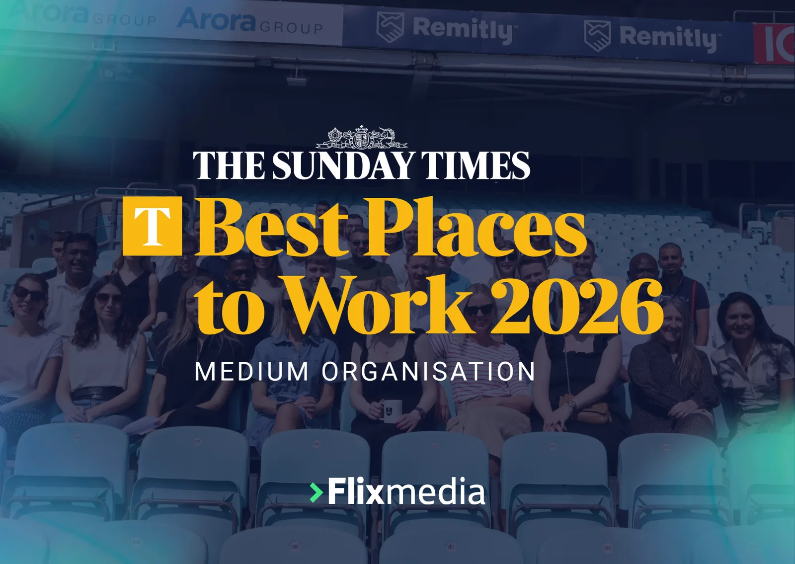 The Sunday Times Best Places to Work 2026 award badge for medium organisations, with the Flixmedia logo