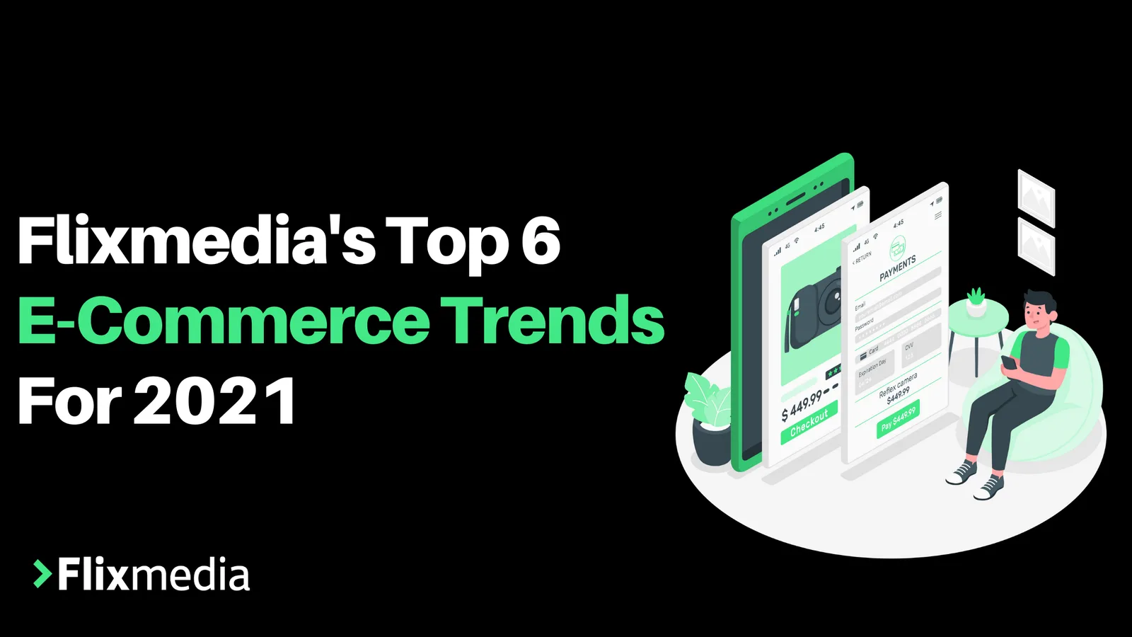 Flixmedia graphic titled 'Flixmedia's Top 6 E-Commerce Trends For 2021', with an illustration of a person beside product screens