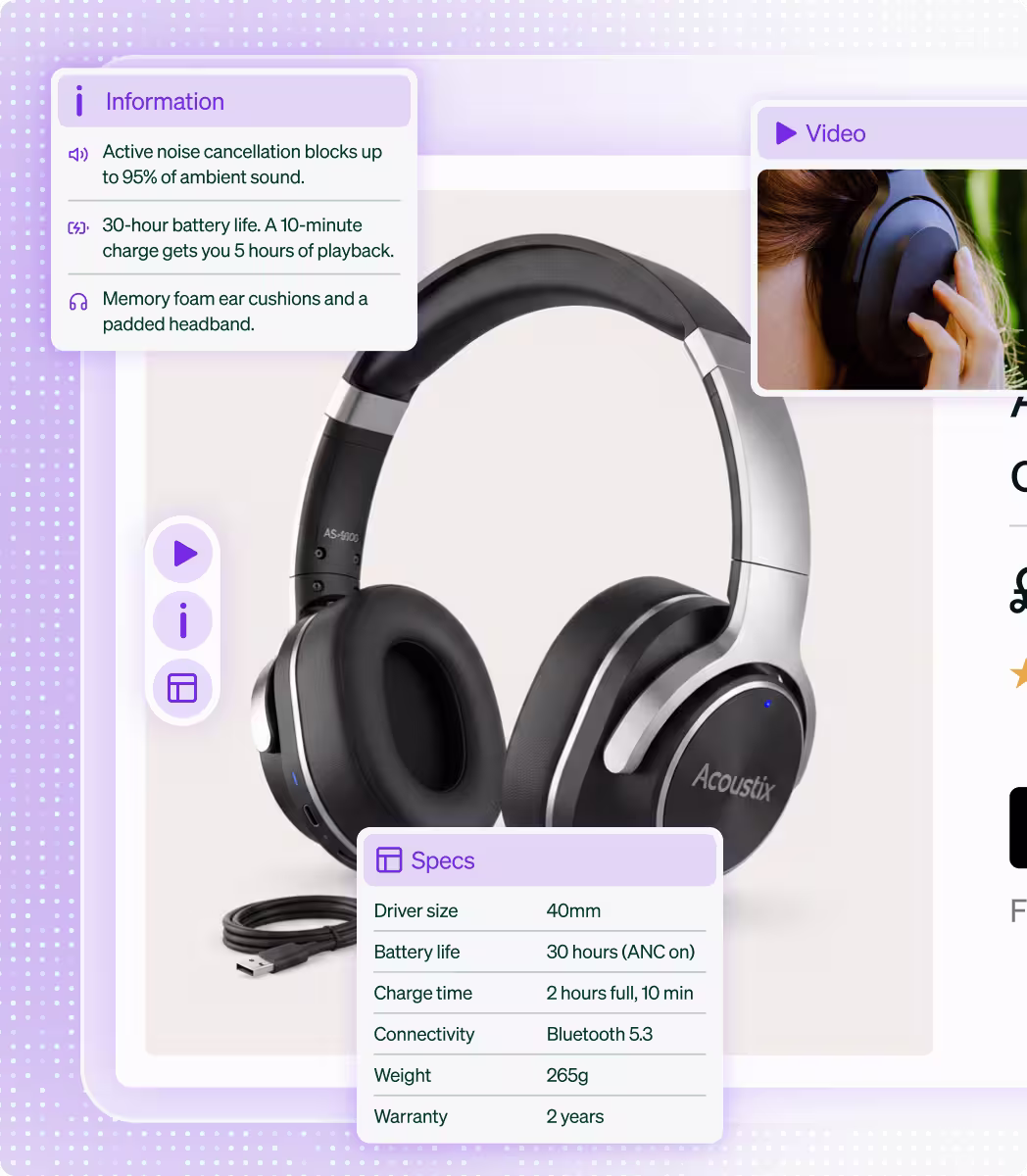 Hotspots product page with interactive information points over a pair of headphones