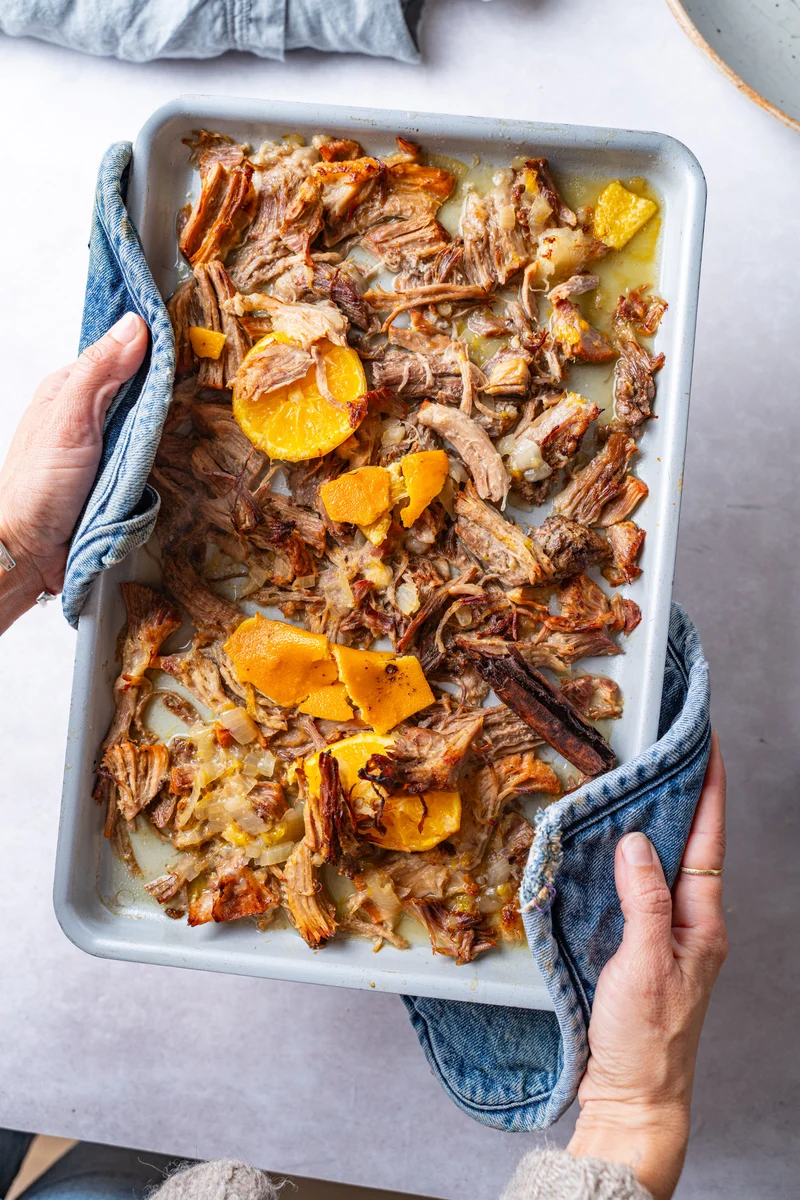Roasted carnitas with citrus on a sheet pan