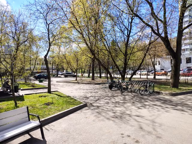 Park scene on a sunny day with leafing trees, a bike rack holding several bicycles, a white bench, and a man sitting on a bench; buildings and parked cars are visible in the background.