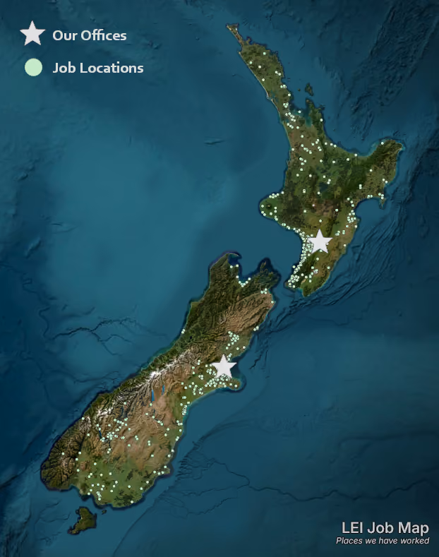 Map of New Zealand showing job locations marked with small green dots and office locations marked with large white stars on the North and South Islands. A legend in the top left corner distinguishes stars as offices and green dots as job locations. The map is labeled 'LEI Job Map' with a note 'Places we have worked' in the bottom right corner.