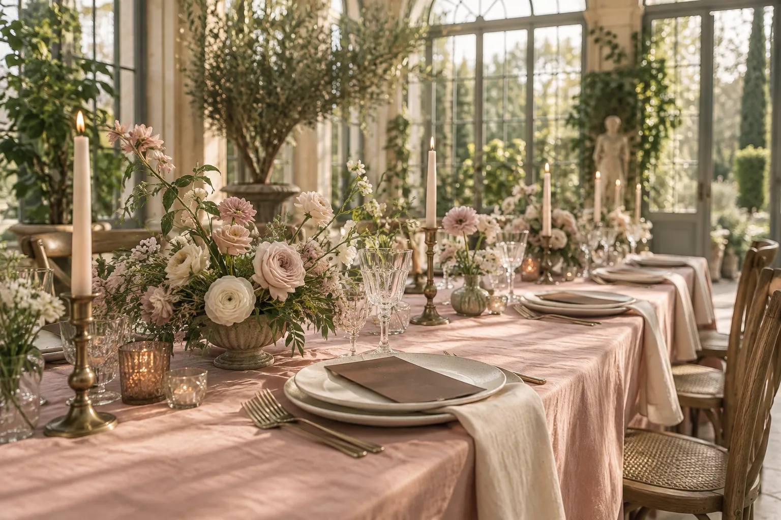 Wedding reception inspiration with blush linens, cream florals, brass candleholders and warm wood chairs