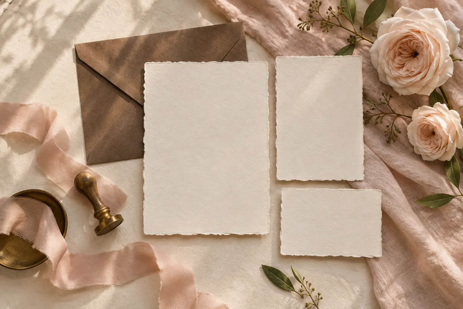 Wedding stationery inspiration with cream deckled paper, blush silk ribbon and a cocoa envelope