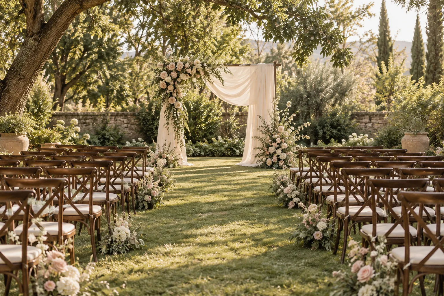 Garden wedding ceremony inspiration with a cream draped arch, blush flowers and wooden chairs