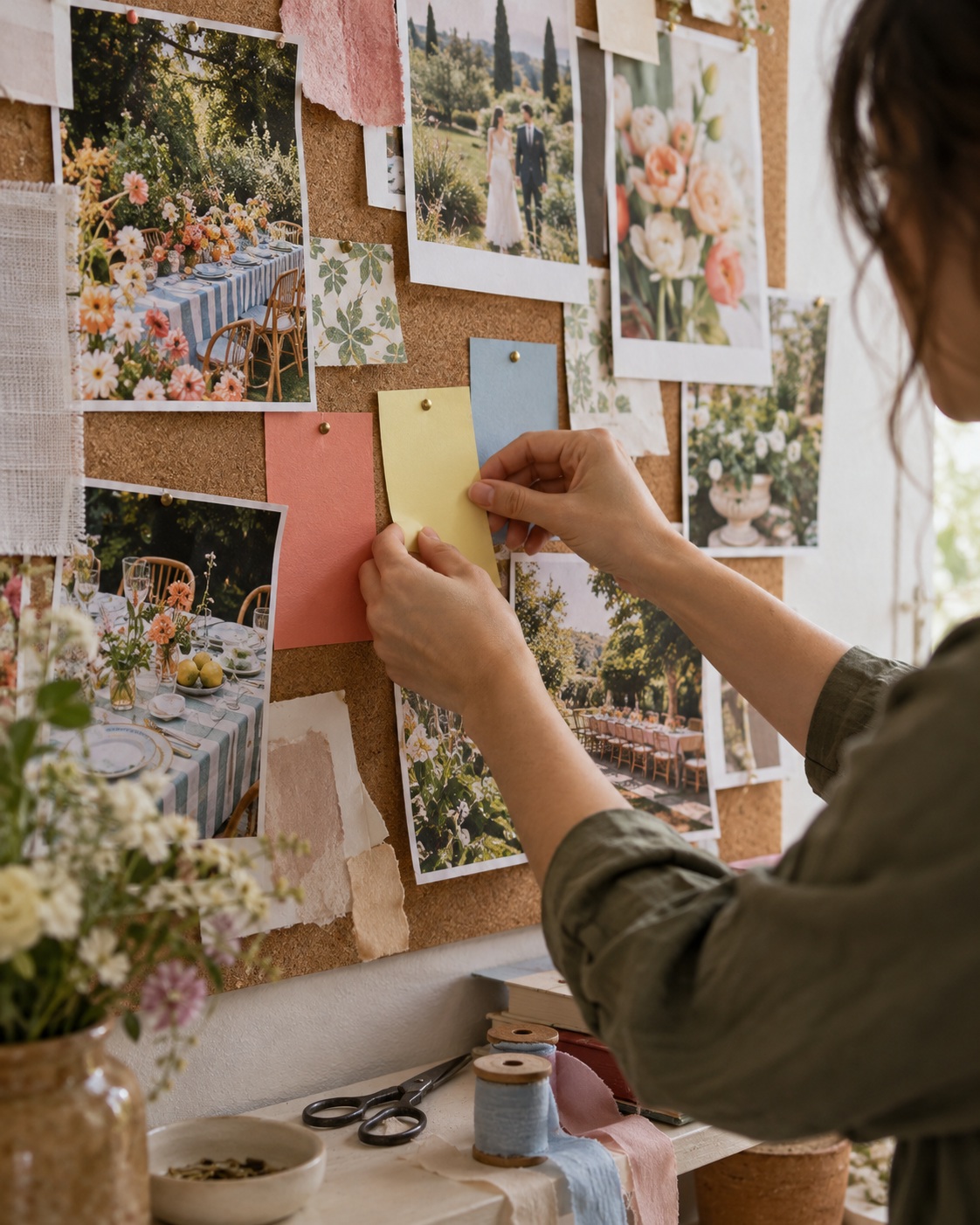 An event planner selecting color swatches for a design moodboard