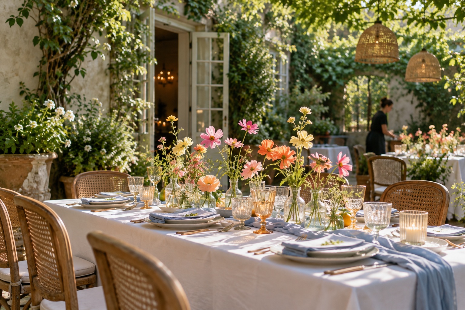 Colorful flowers and blue linens on a garden celebration table