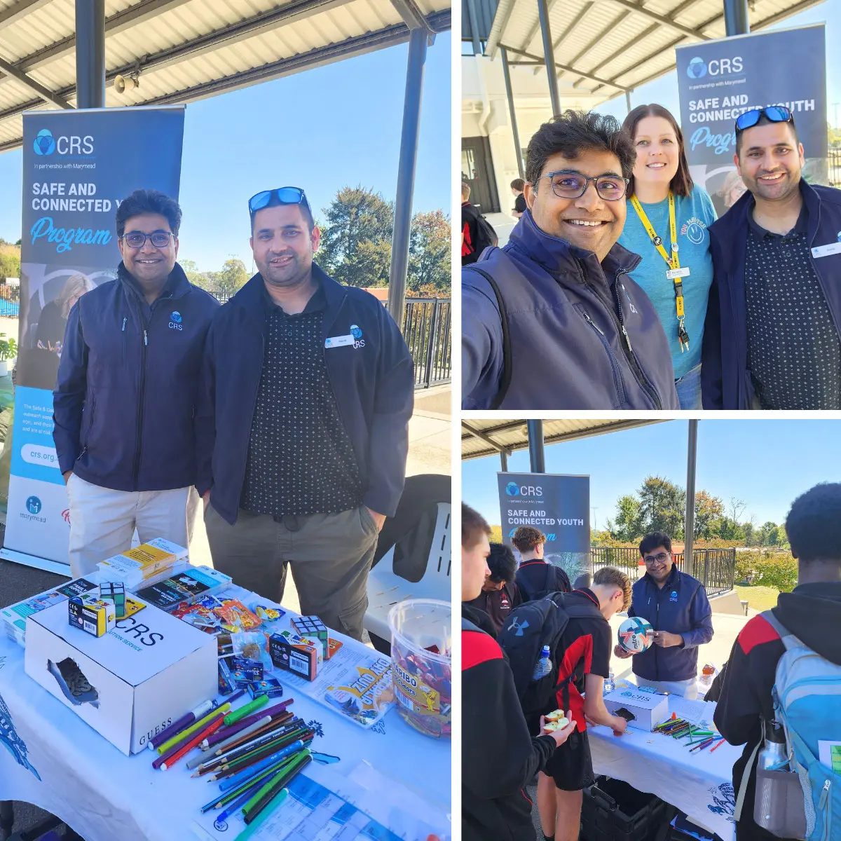 Three images showing CRS staff at a school booth with supplies and students engaging outdoors.