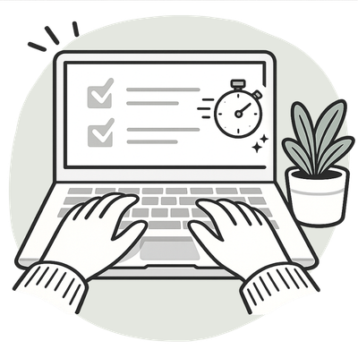 Hands typing on a laptop with a completed checklist and stopwatch, representing product listings created in seconds