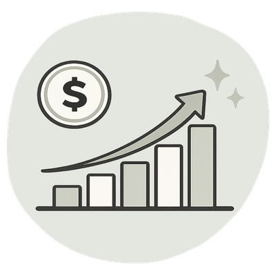Rising bar chart with an upward arrow and dollar sign, representing increased search visibility and sales