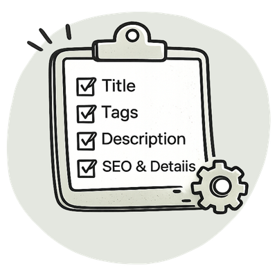 Clipboard checklist with title, tags, description, and SEO details all checked off