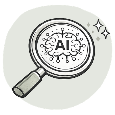 Magnifying glass over an AI brain symbol, representing AI-powered product search