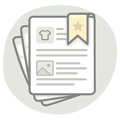 Stack of saved product listing pages with a bookmark ribbon