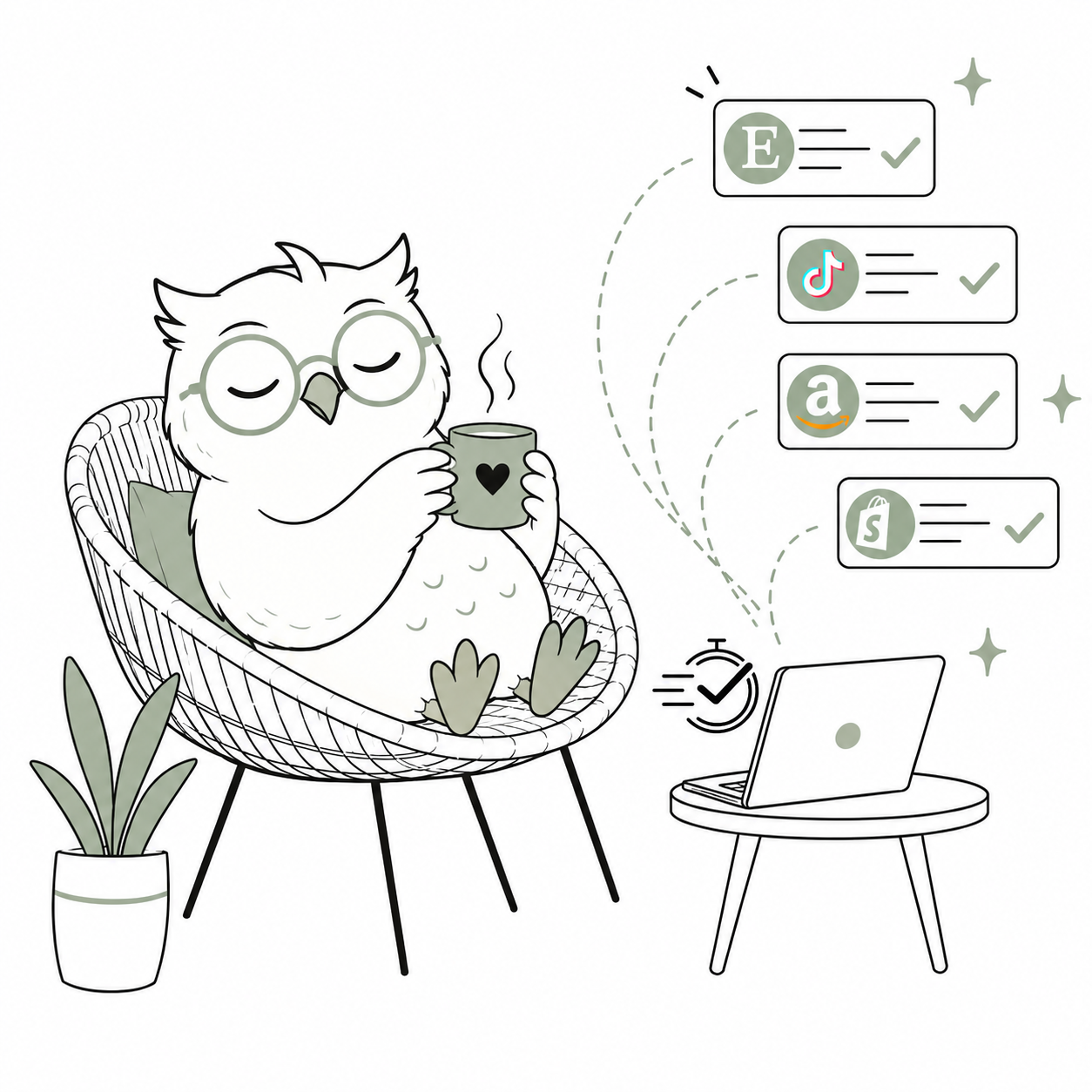 Illustrated owl relaxing in a chair with a mug while completed listings for Etsy, TikTok Shop, Amazon, and Shopify appear from a laptop