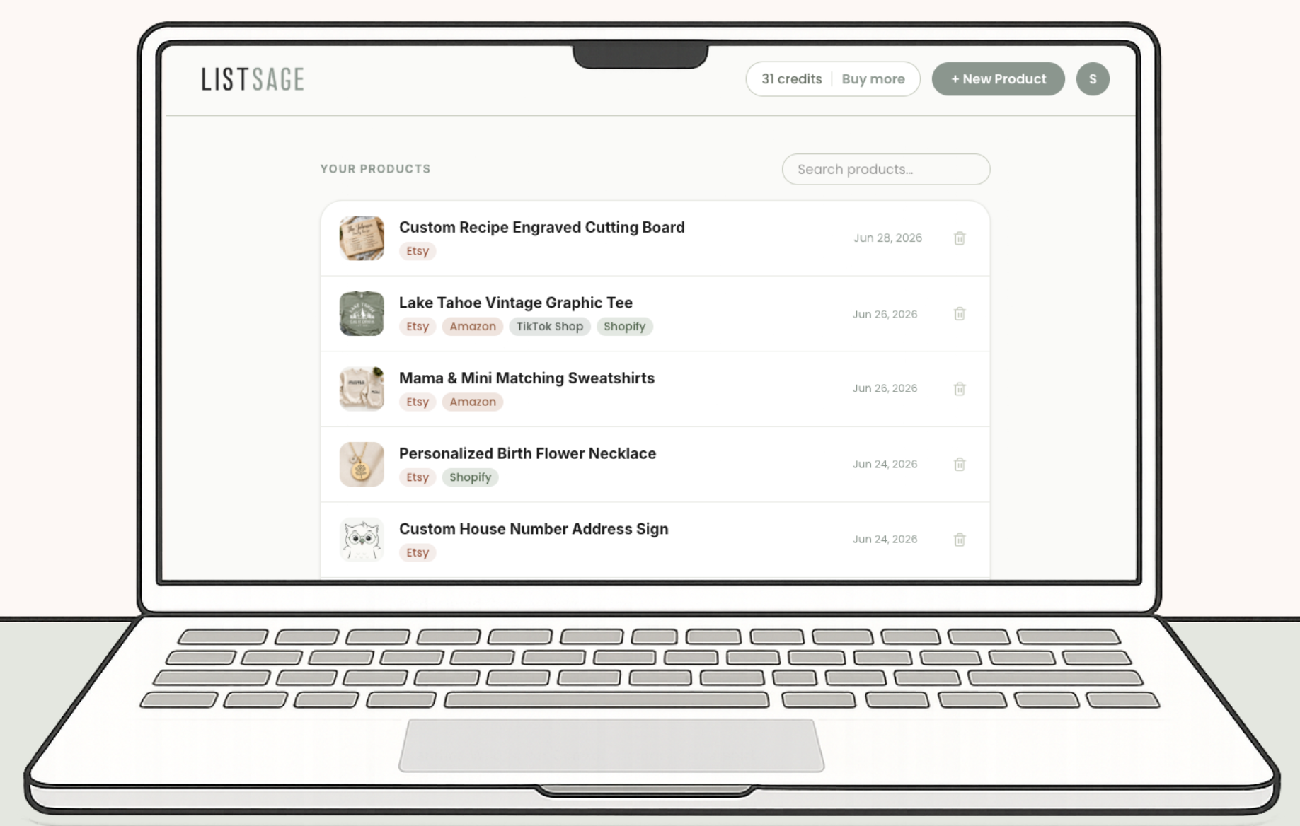 ListSage dashboard on a laptop showing a seller's saved products with listings created for Etsy, Amazon, TikTok Shop, and Shopify