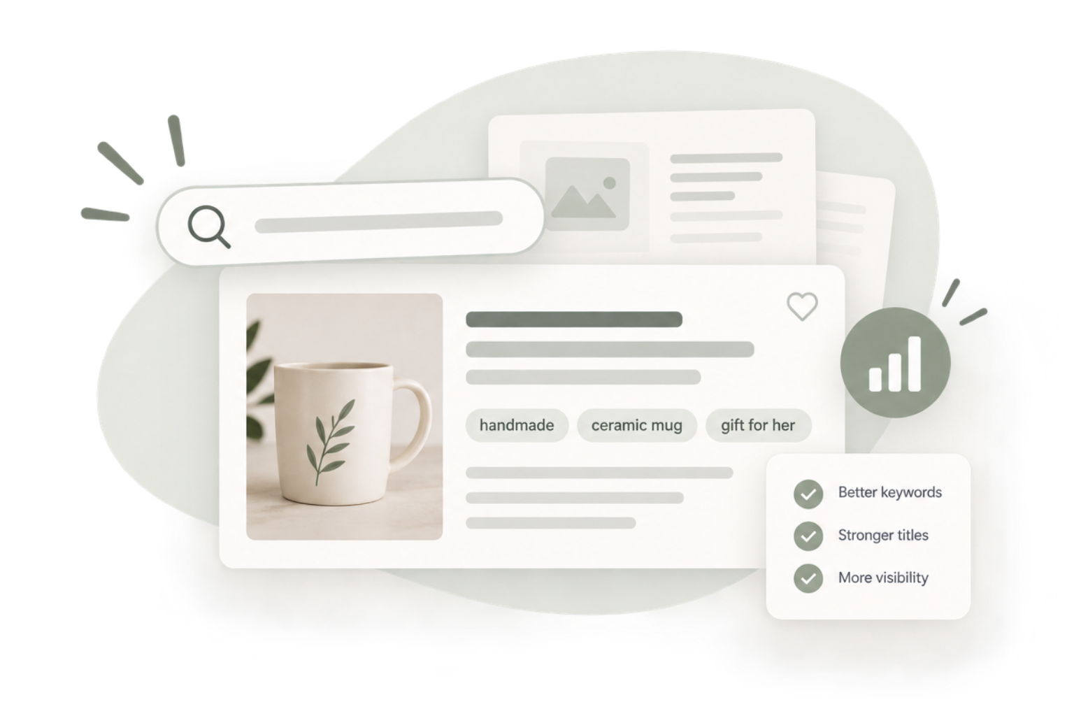 Product listing with search, keyword, title, and visibility elements representing ListSage ecommerce guides.