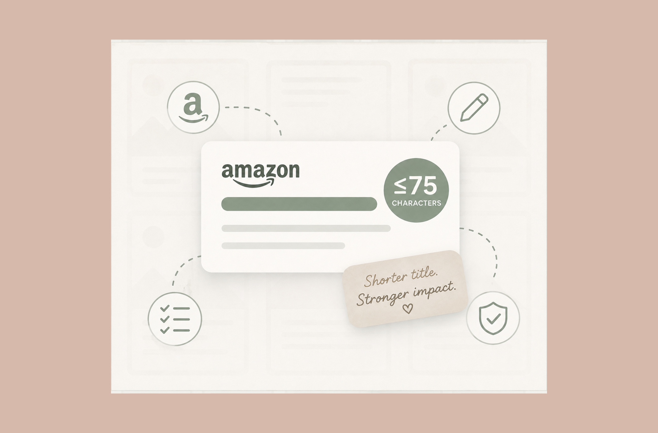Minimal illustration of an Amazon product listing with a prominent “≤75 Characters” badge, symbolizing Amazon's new title length requirement. Simple edit, checklist, and compliance icons surround the listing to represent updating titles for the new rule.