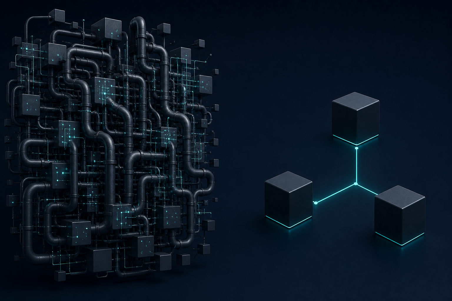Over-engineered AI architecture on the left versus a lean three-component design on the right