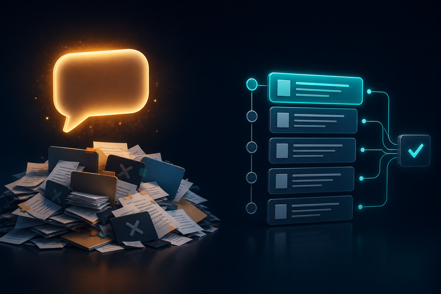 Messy documents and a chat bubble on the left versus a structured retrieval pipeline with a green check on the right