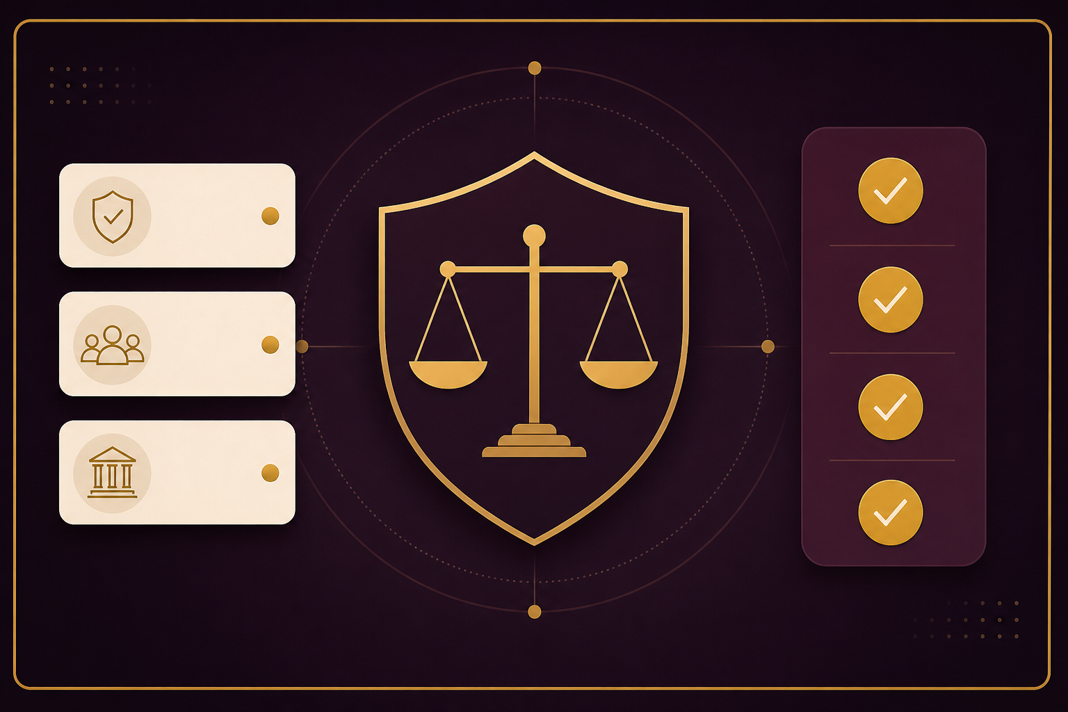 Gold shield and scales with oversight checkpoints for ethical AI governance