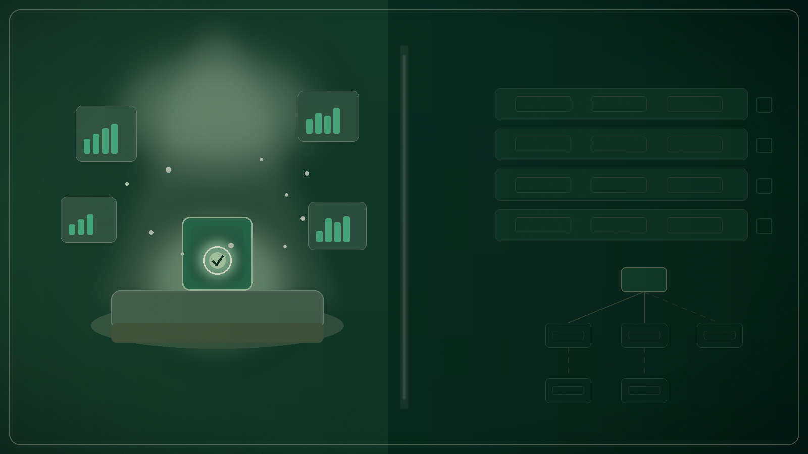 Split editorial illustration: a glowing demo stage on the left and an empty organisation chart with unused process swimlanes on the right, in forest green and warm sand