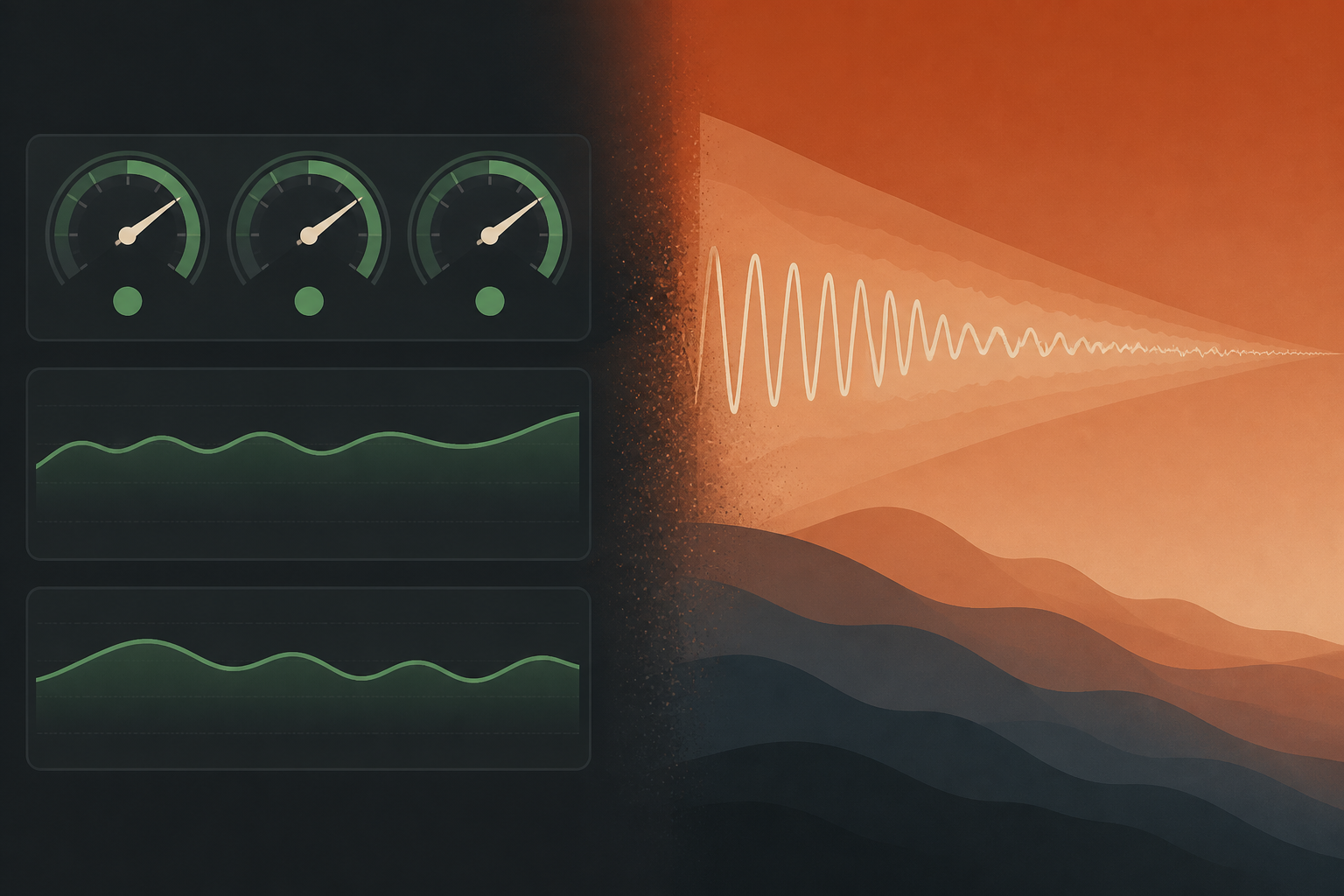 Split editorial illustration: green uptime gauges on charcoal at left, terracotta landscape with a fading waveform at right, suggesting silent model drift