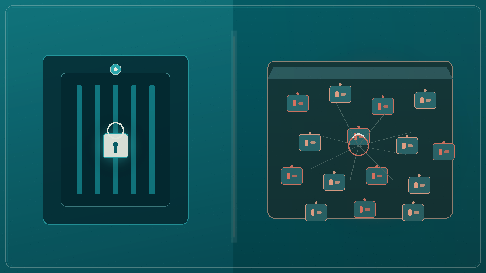 Abstract editorial illustration of a locked API gate beside an open tray of tool and function-call icons in deep teal, coral, and cream