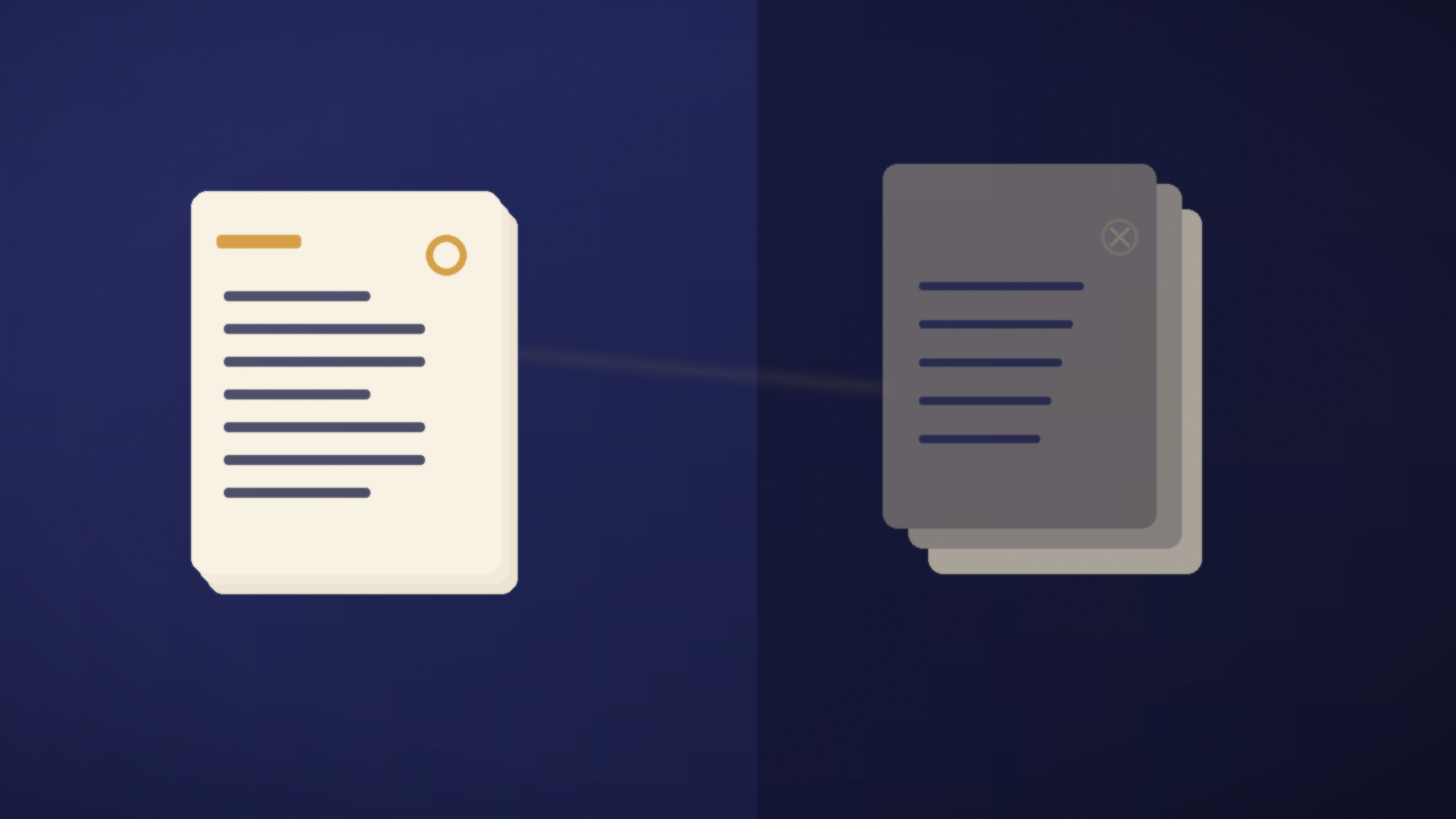 Abstract editorial illustration of tidy current documents with an amber check on indigo at left, and faded misaligned SharePoint pages with a crossed mark at right