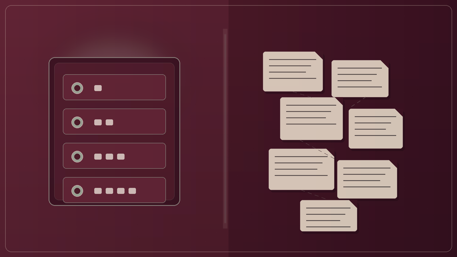 Abstract editorial illustration of a sealed versioned model vault with sage locks on wine at left, and scattered cream wiki sticky notes with scribbled lines at right