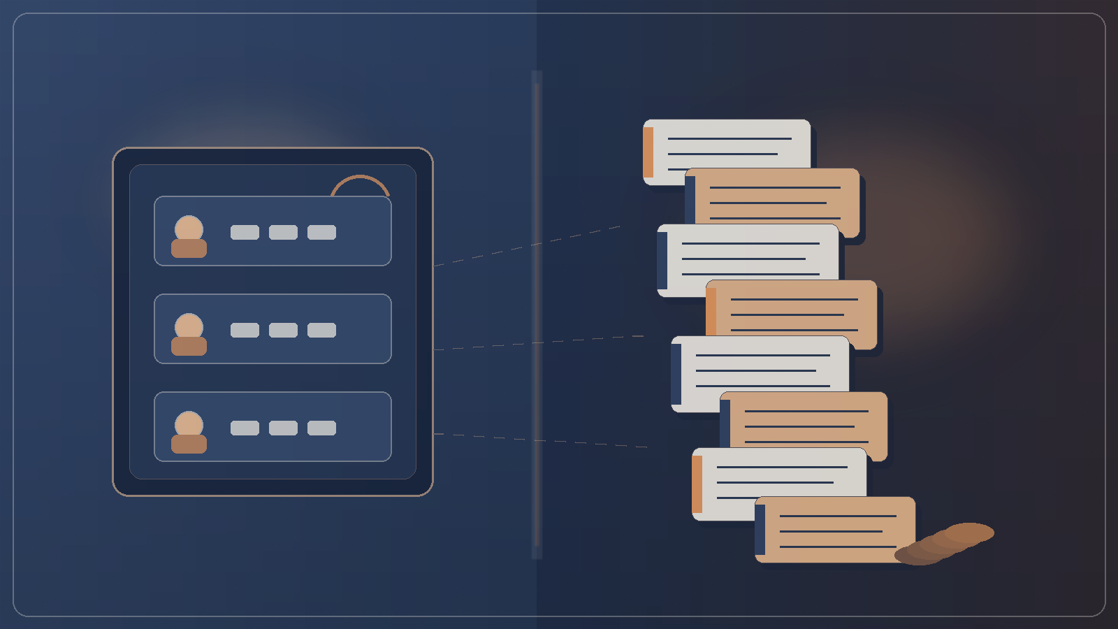 Abstract editorial illustration of a calm slate indigo review gate with orderly cards at left, and an overflowing apricot escalation ticket queue at right