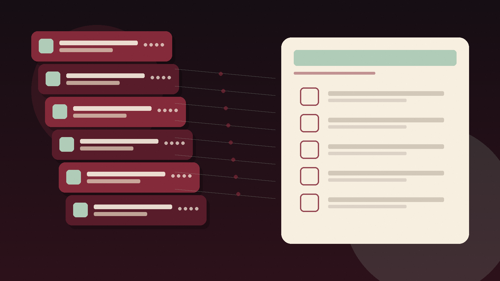 Abstract editorial illustration: oxblood memory cards stacked on the left, cream audit clipboard with empty checkboxes on the right, soft sage accents, no overlay text