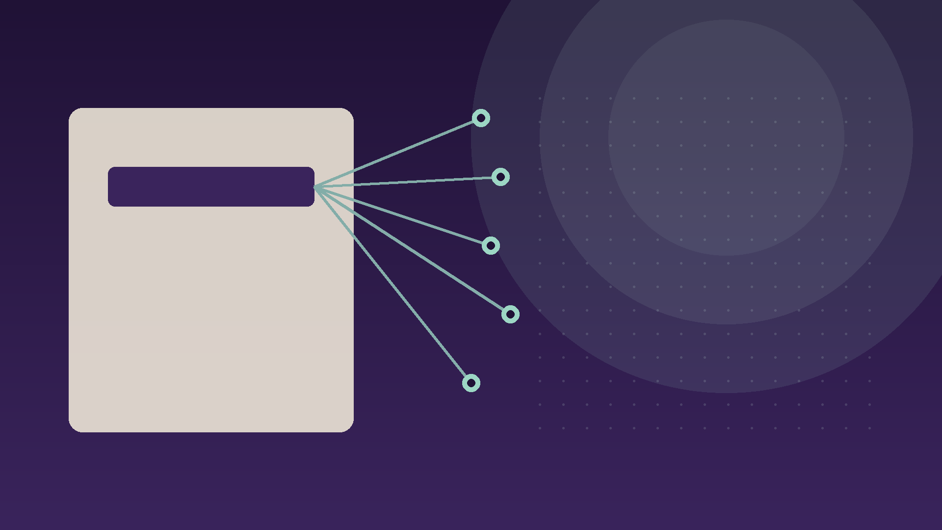 Abstract diagram of one model path branching into five production routes on a deep violet background