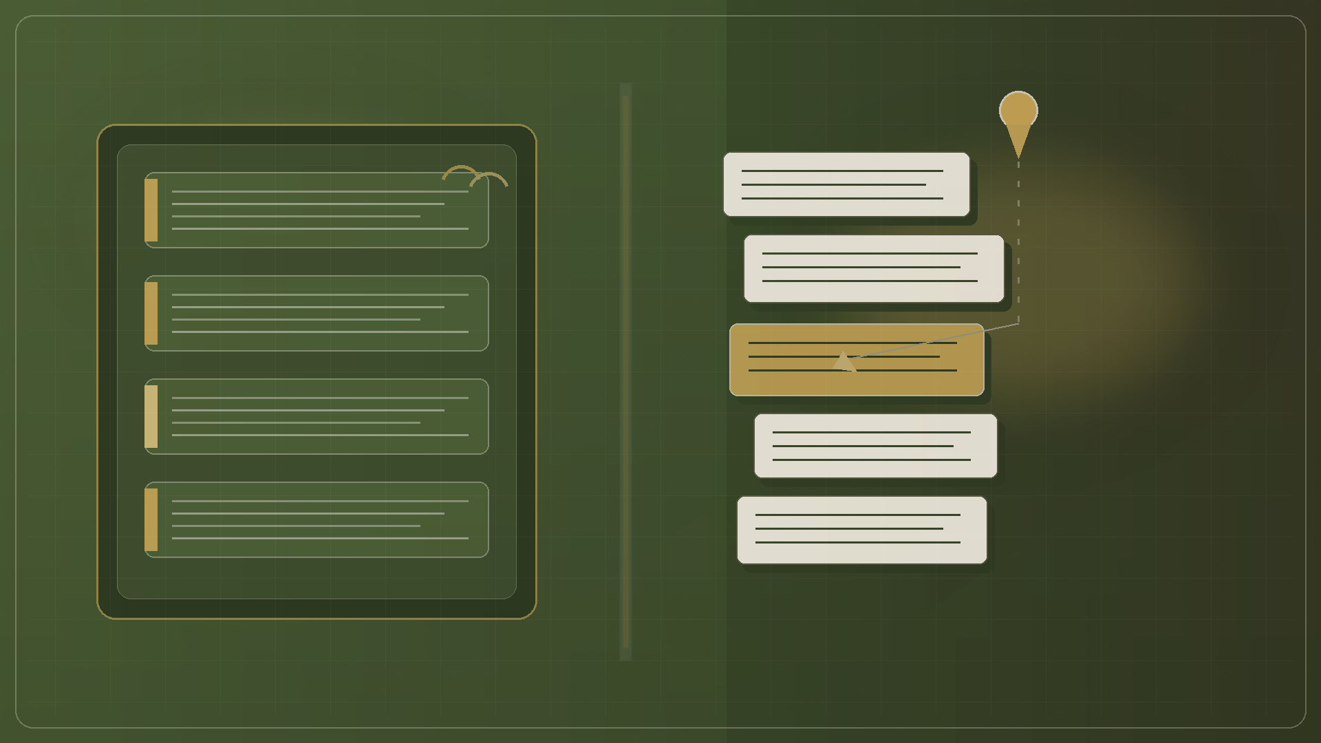 Abstract editorial illustration in olive, brass, and ivory: aligned document paragraph blocks on the left, misaligned citation pin highlighting the wrong paragraph slab on the right