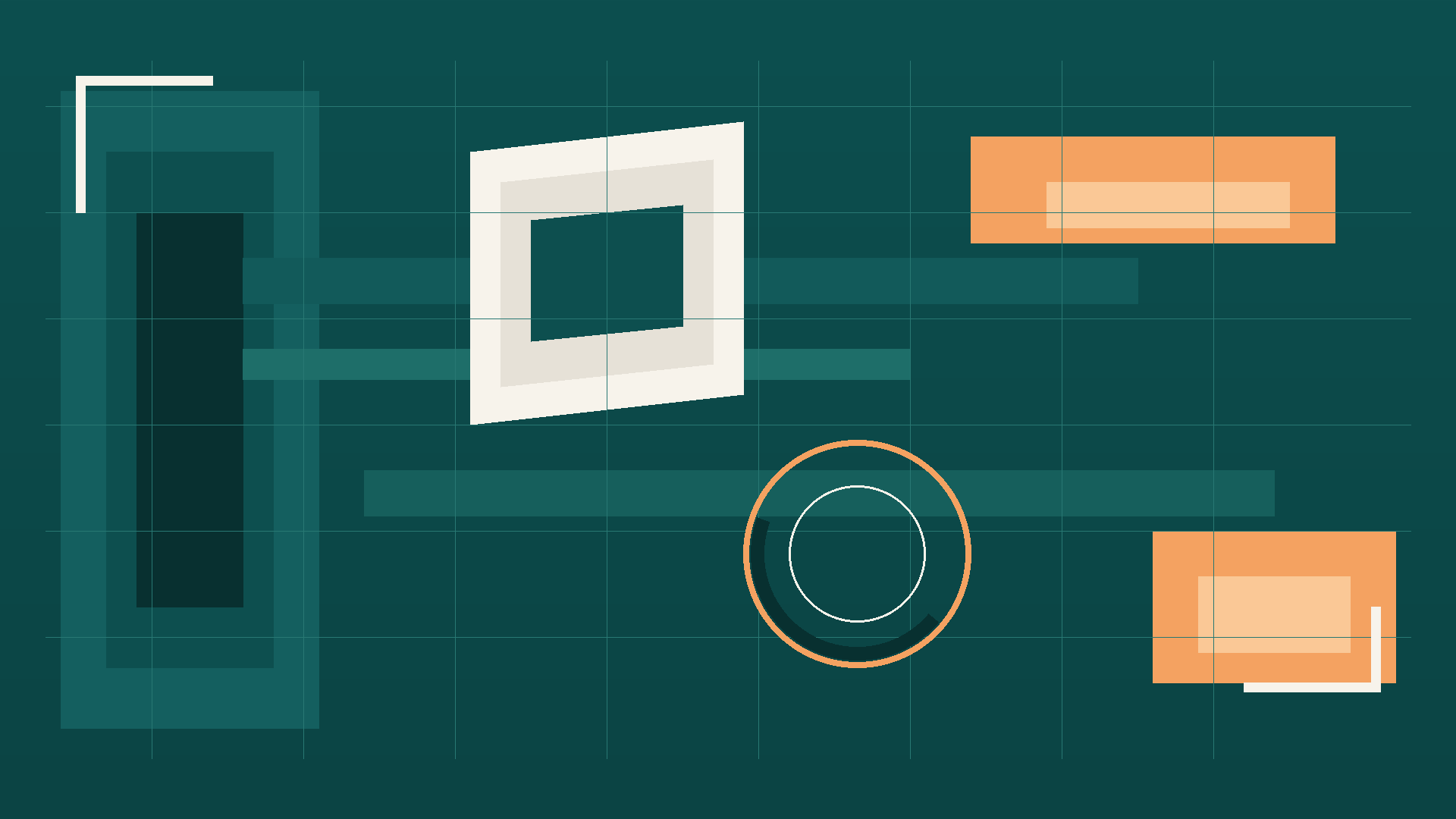 Abstract editorial illustration in deep petrol soft apricot and bone with geometric architectural planes and an incomplete circle motif