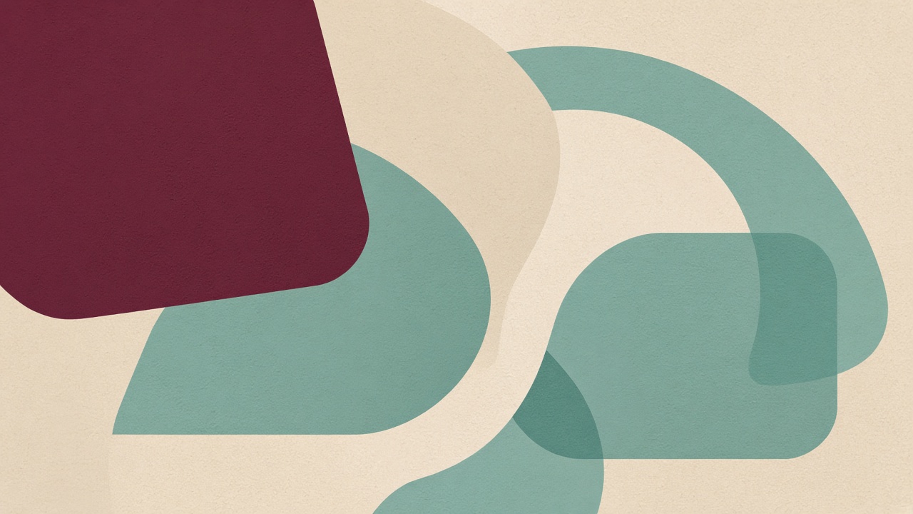 Abstract editorial illustration in wine burgundy seafoam and parchment with overlapping geometric decision-path shapes