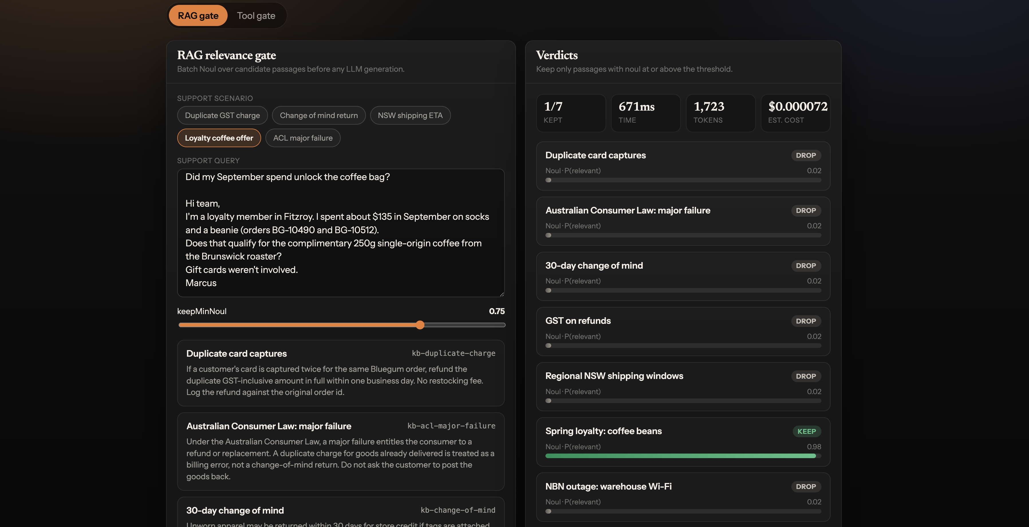 tru-jev-harness RAG relevance gate UI showing keep and drop verdicts on Bluegum support passages