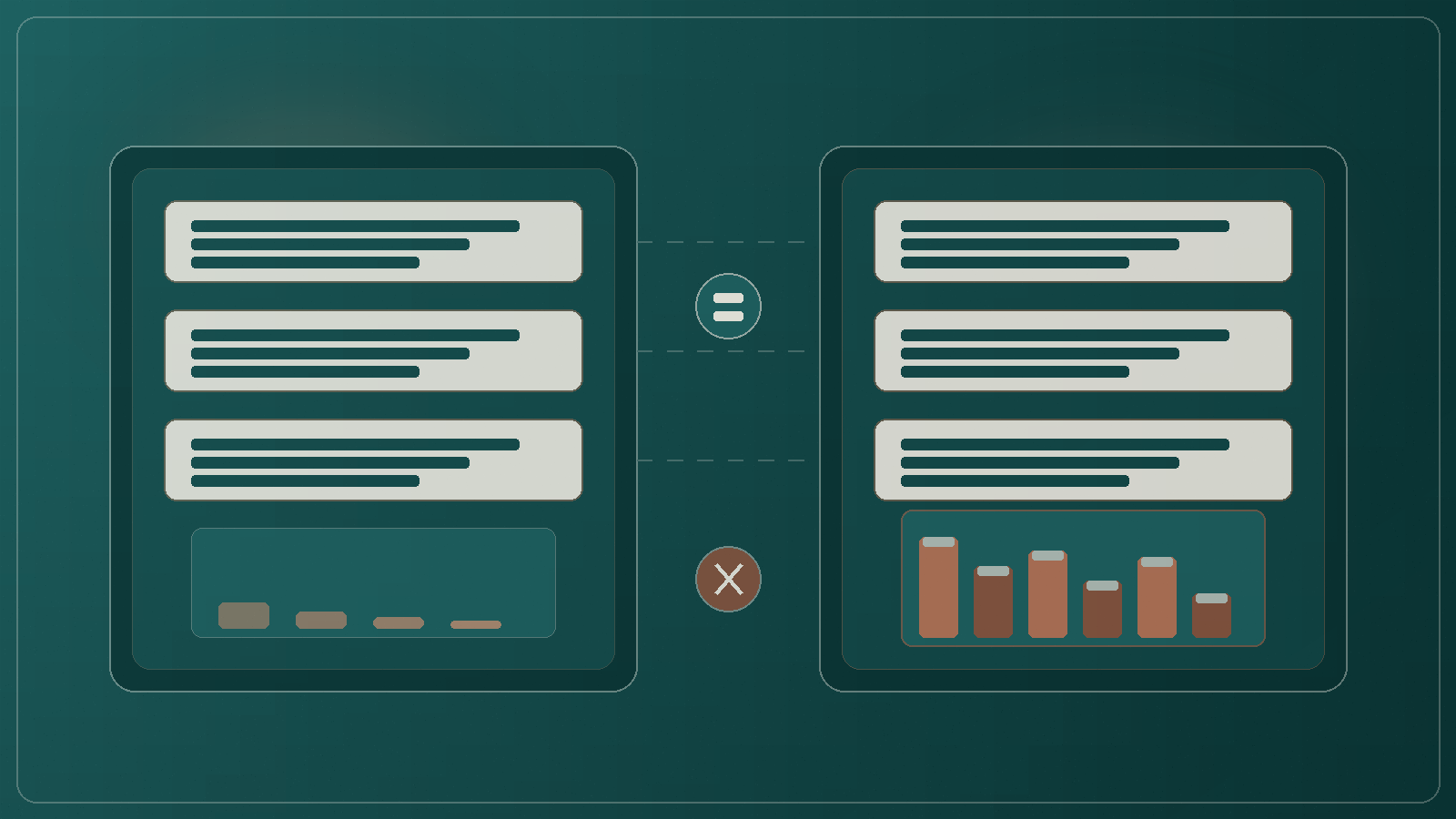 Decorative abstract thumbnail for staging data parity article, deep teal clay and linen geometric panels with no overlay text