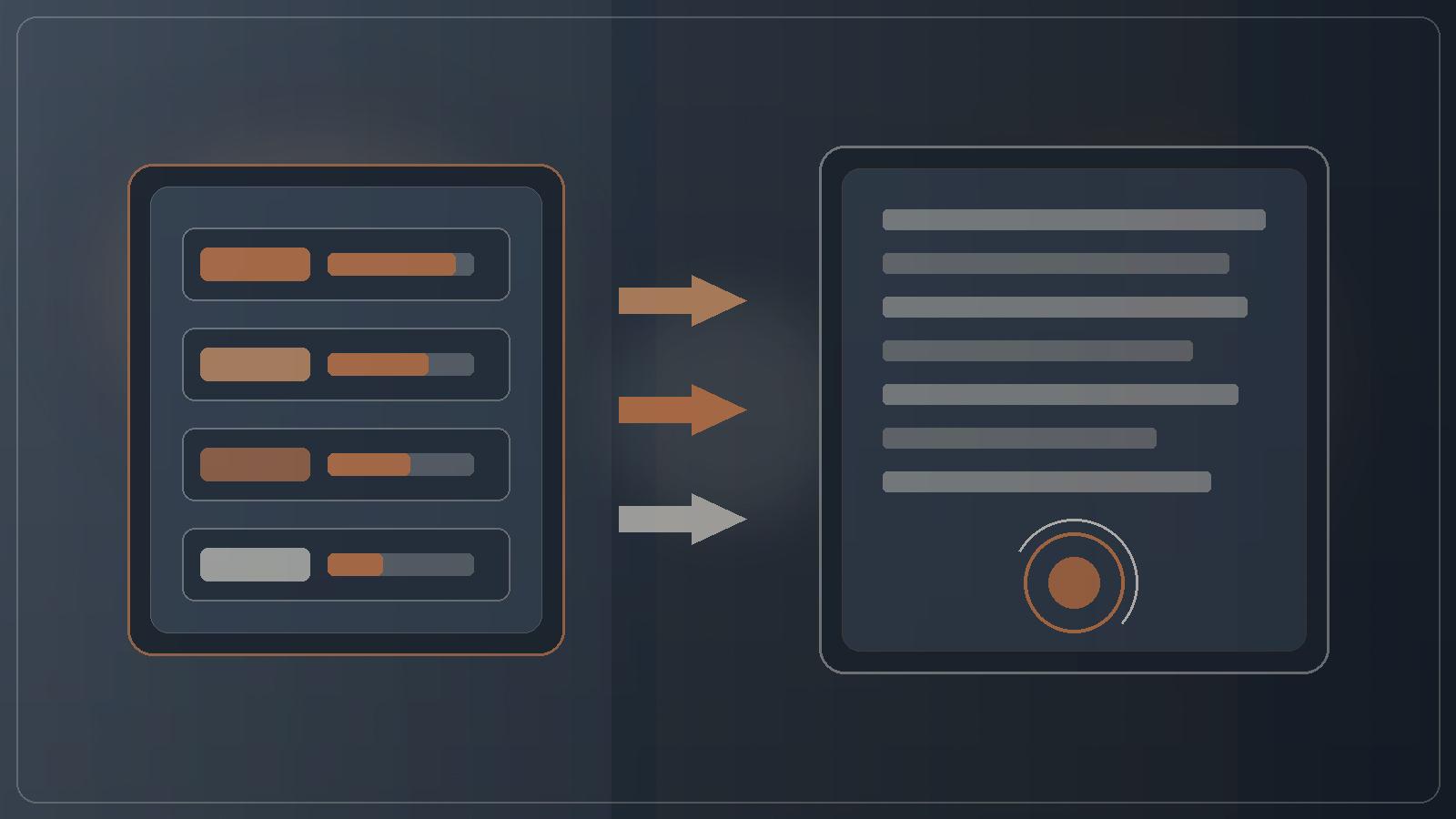 Abstract editorial graphic slate copper ivory typed score bars into prose with verify seal no text