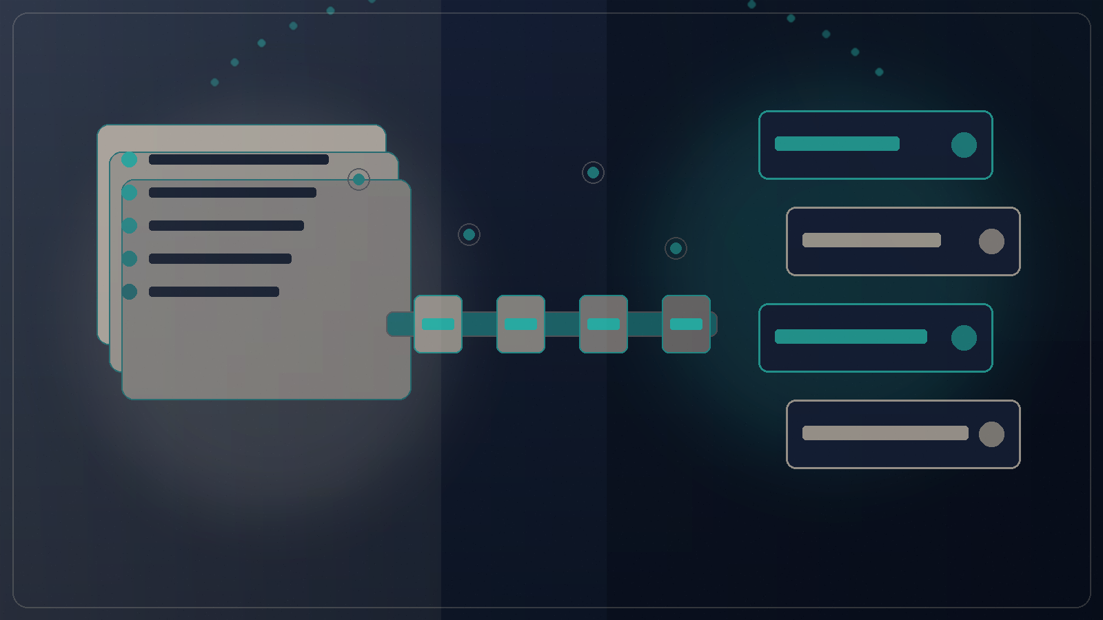 Abstract editorial graphic deep ink navy electric cyan warm sand factory loop from signal chips through rail to station blocks no text