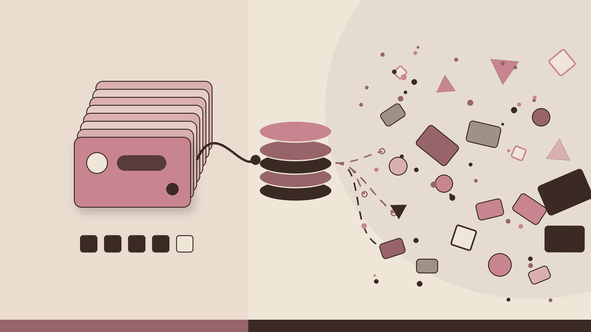 Abstract editorial graphic dusty rose espresso brown oat neat stack of question cards linked by a retrieval path to an index, scattered messy cloud of shapes beyond, no text