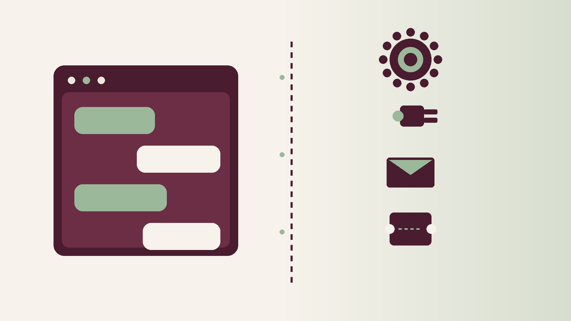 Abstract editorial graphic in burgundy, sage and ivory: chat window silhouette with bubbles on the left, dashed boundary, stacked gear plug envelope and ticket glyphs on the right, no text