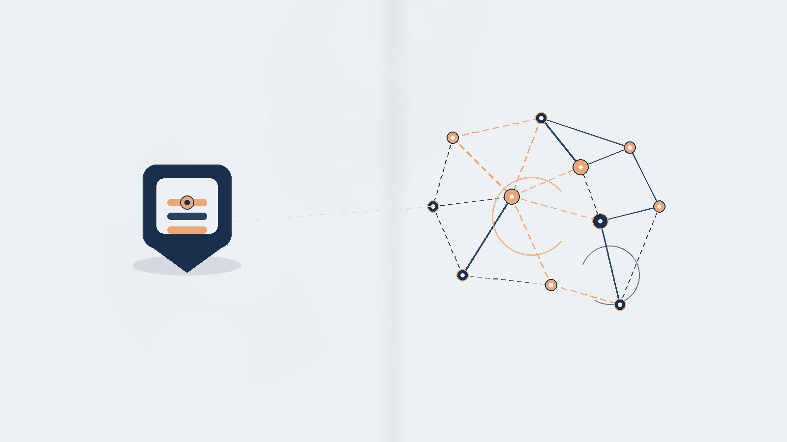 Abstract editorial graphic: ink-blue gateway shield on the left, tangled apricot and ink orchestration graph on the right, soft fog background, no text
