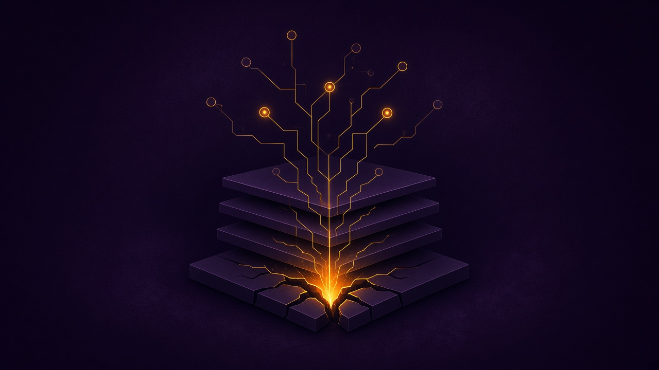 Abstract illustration of a cracked server stack glowing electric amber, with circuit lines spreading to connected agent nodes on a deep aubergine background