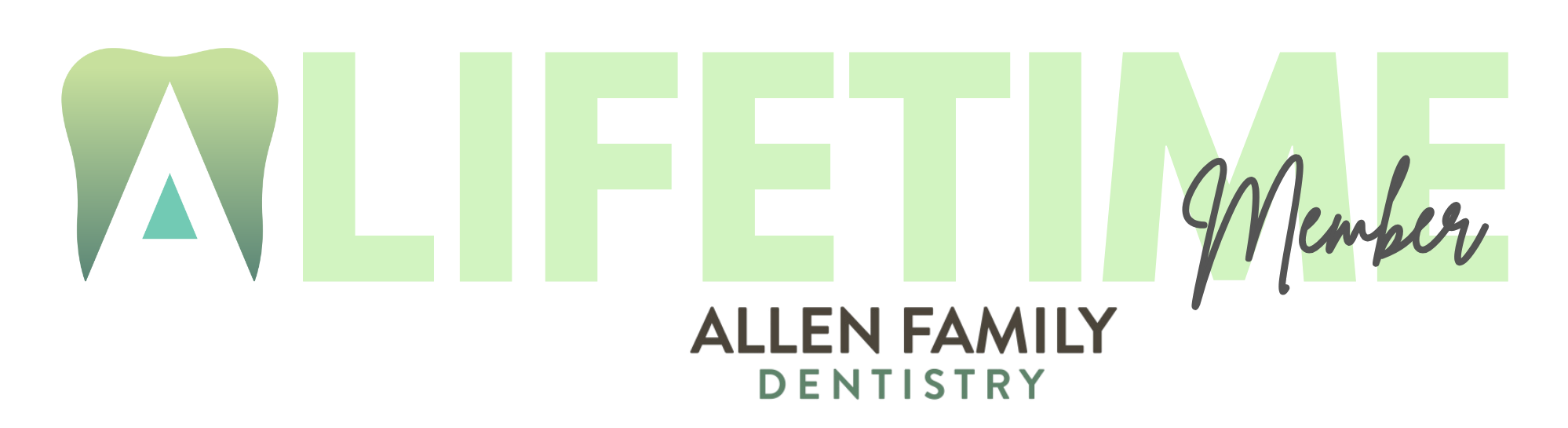 Logo with a tooth icon and text Lifetime Member Allen Family Dentistry in green and gray.