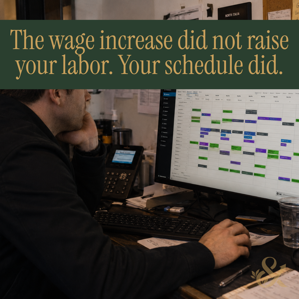 Manager reviewing a labor schedule on screen in a restaurant office