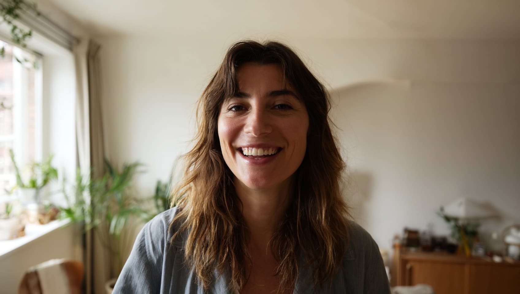 Smiling young woman with wavy brown hair inside a cozy room with plants and wooden furniture.