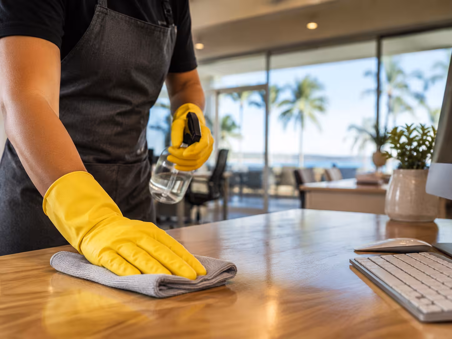 Commercial cleaning Darwin specialist polishing an office desk to a streak-free finish.