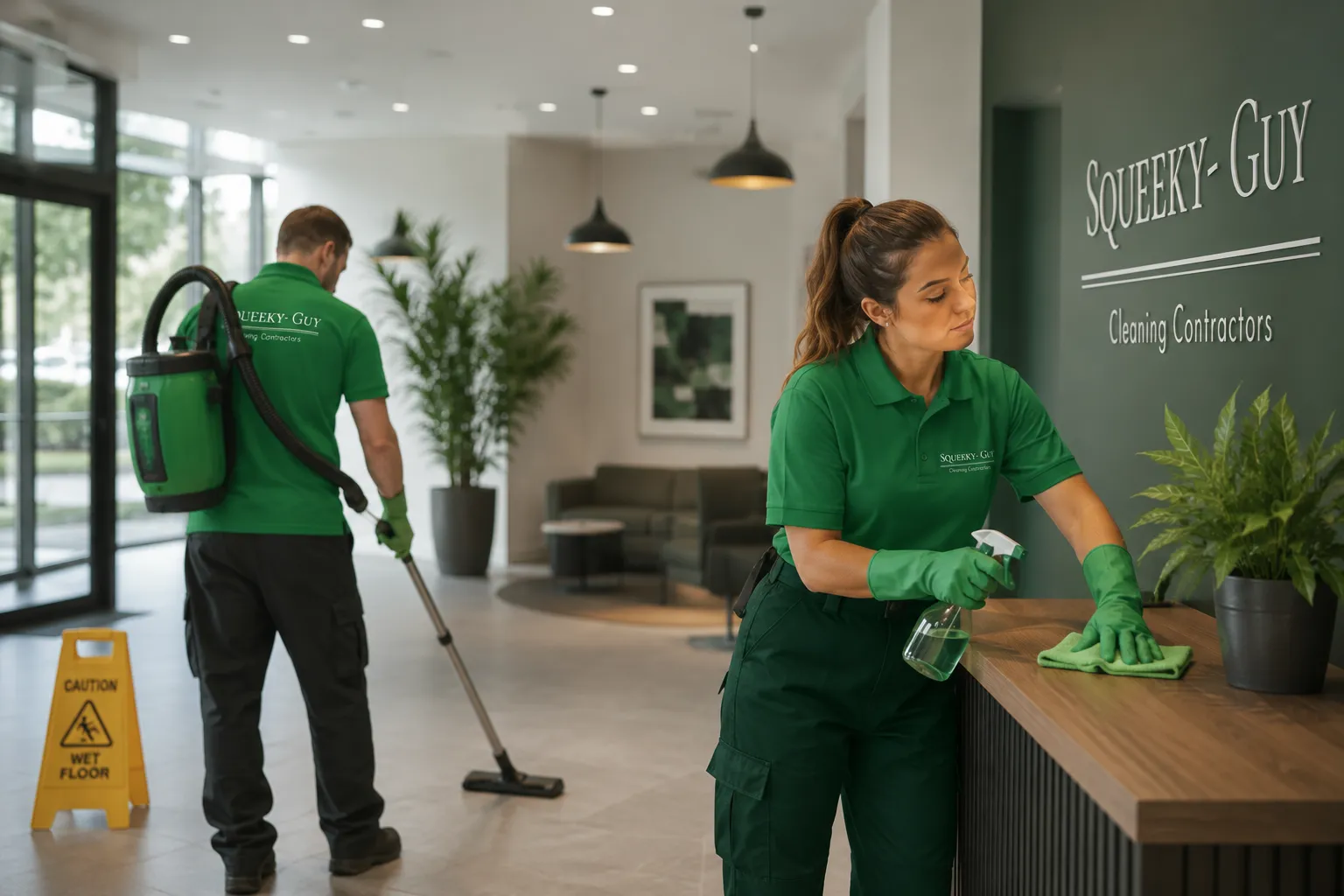 Two commercial cleaners cleaning the Squeeky Guy office in Darwin