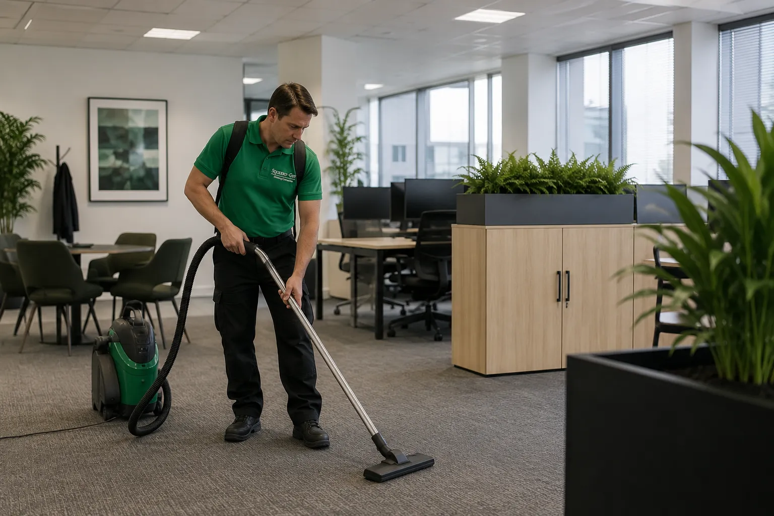 One of our commercial cleaners vacuuming the floor of a Darwin office building during an office cleaning service