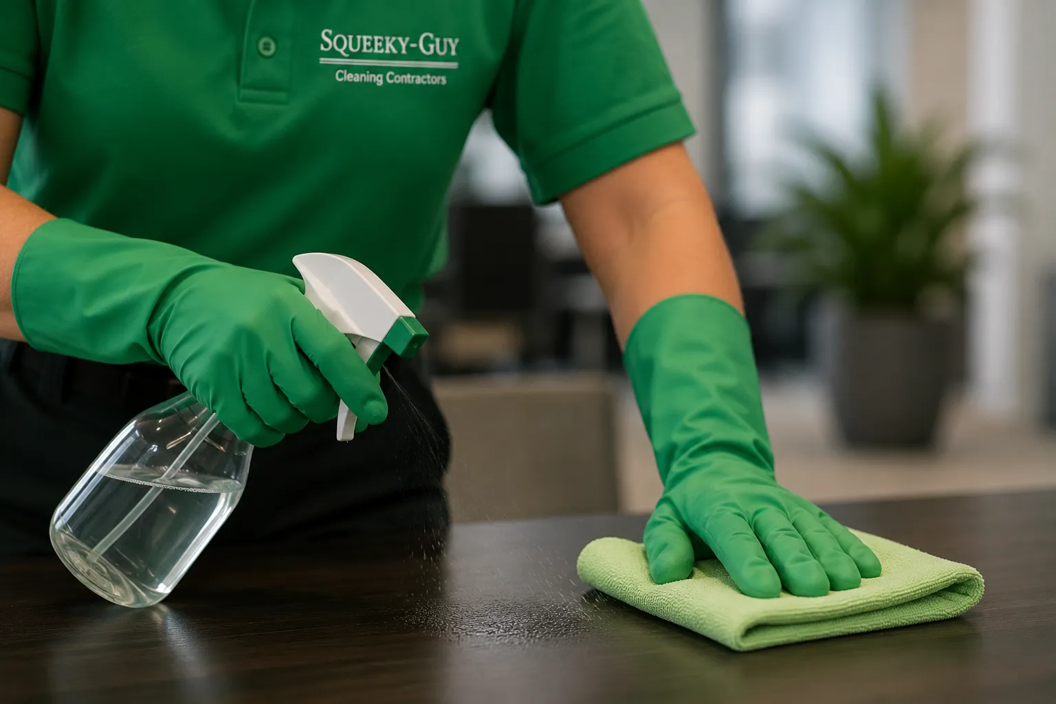 A close up of a commercial cleaner wiping down the desk using eco-friendly cleaning products